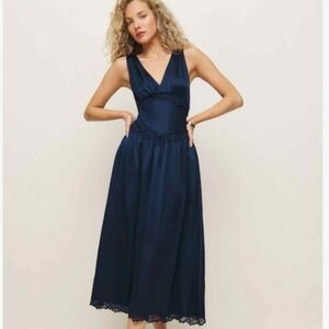 NWT Reformation Stasia Sleevless Midi Silk Dress In Navy